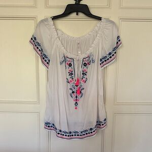 Southern Tide Embroidered White Blouse with Pink and Blue Accents